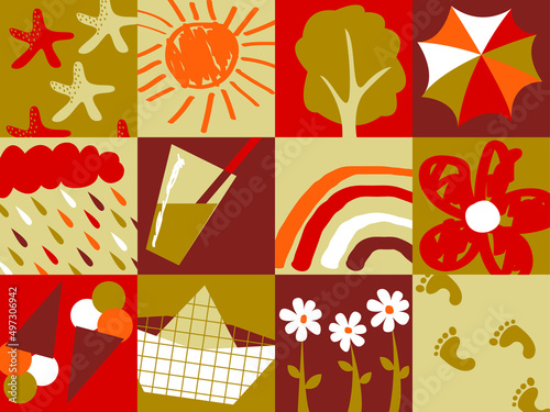 Vector illustration - a collection of summer icons in square frames - a starfish, a boat, a rainbow, the sun of trendy colors. Concept - seasonal vacation and travel