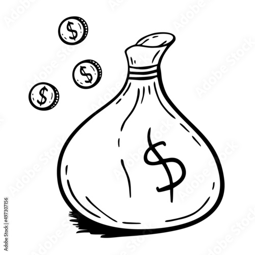 Money bag hand-drawn in the style of doodle Good for printing Symbol of the Western concept Isolated vector illustration