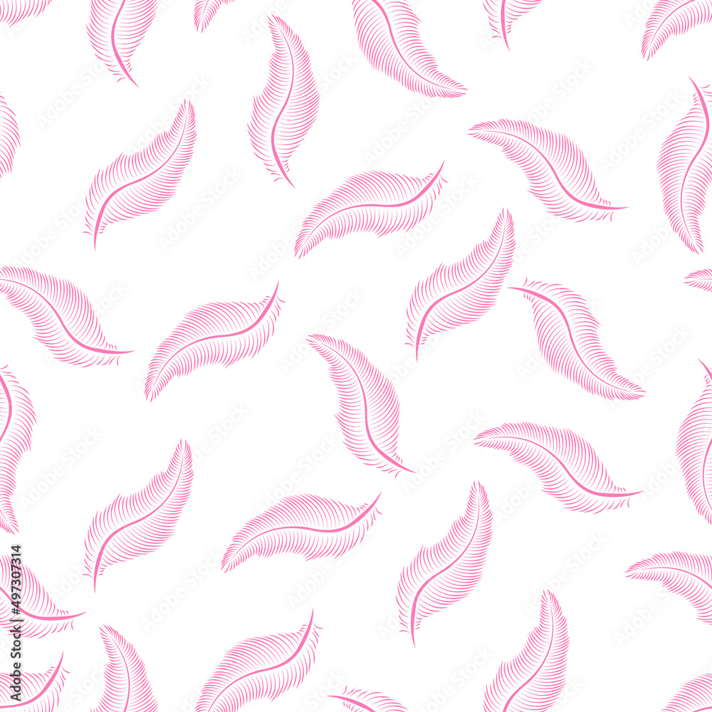 Fototapeta premium Hand drawn Pink Feather Seamless pattern. Repeatable illustration isolated on white background.