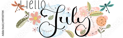 Hello July. JULY month vector hand lettering with flowers, and leaves. Decoration floral vintage. Illustration month July calendar	
