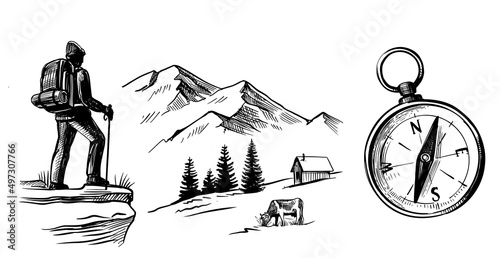 Man with backpack on top of mountain.