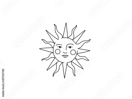 Vector isolated fairy tale sun with face pagan symbol colorless black and white contour line drawing