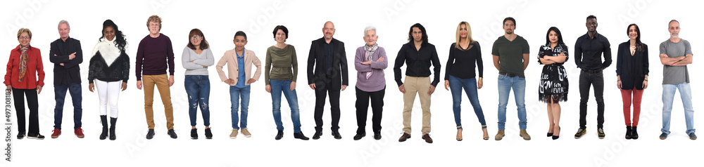 front view of large group of mixed people on white background front view of large group of mixed people on white background