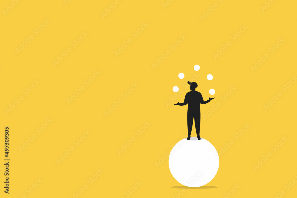 Man juggles the balls while he is balacing on a big ball. Multitasking concept, busy with business, training juggling, fun free time. yellow background