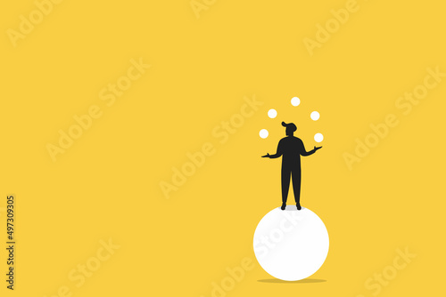 Man juggles the balls while he is balacing on a big ball. Multitasking concept, busy with business, training juggling, fun free time. yellow background photo
