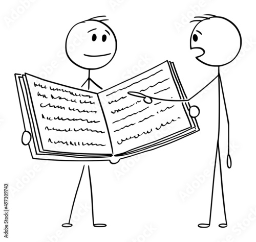 Person Holding Open Book, Another is Reading, Vector Cartoon Stick Figure Illustration