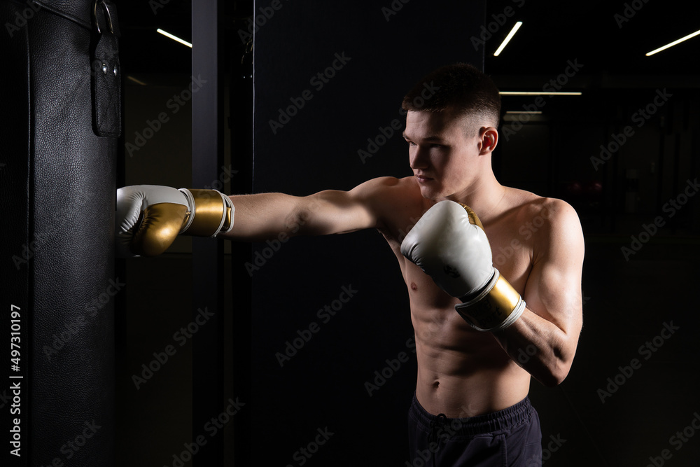 Athlete bag boxer practices The blows the glove black young male boxing, from muscular fighter for combat from caucasian hit, shadow martial. Athletic victory dark,
