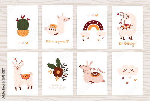 Set of posters with cute llamas and items.