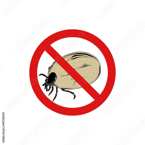 Vector hand drawn engraved  isolated illustration of tick drunk, mite, parasite, spider. Prohibited insect, stop, warning, forbidden, no, ban bug sign. Detailed vintage etching style drawing.