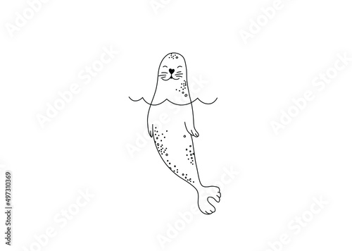 Vector isolated cute cartoon navy seal emerging from the water colorless black and white contour line doodle drawing