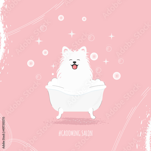 A cute white fluffy dog sitting and smiling with his tongue sticking out in a tub of bubbles. grooming salon concept