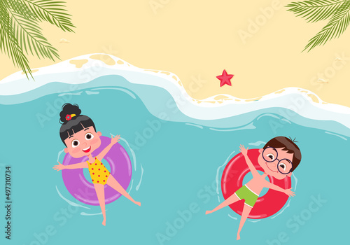 Vector illustration of summer and children.Children swim in the sea, ocean on swimming circles. View from above. vector flyer template
