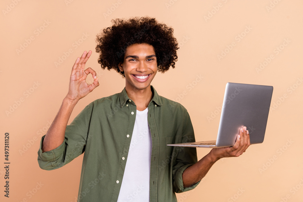 Portrait of handsome trendy cheerful wavy-haired guy using laptop showing ok-sign success isolated over beige pastel color background Portrait of handsome trendy cheerful wavy-haired guy using laptop showing ok-sign success isolated over beige pastel color background