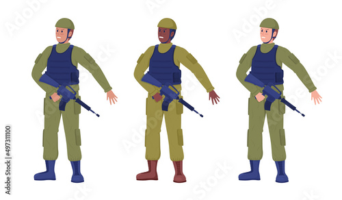 Soldiers in military uniform semi flat color vector characters set. Standing figures. Full body people on white. Militants simple cartoon style illustration pack for web graphic design and animation