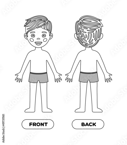 Pretty Little Boy is Standing in Underwear. Front Back view. Black White color. Contour Line style. A Template for Education and Play with Children. Print. White background. Vector illustration.