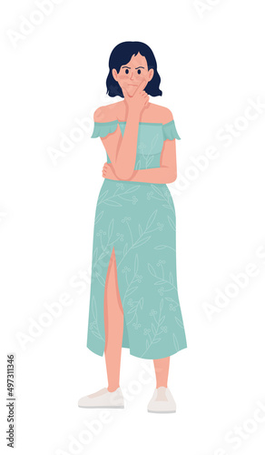 Thinking semi flat color vector character. Standing figure. Full body person on white. Pensive and doubtful lady simple cartoon style illustration for web graphic design and animation