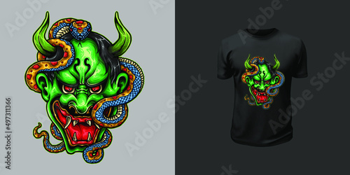 Tshirt design of oni mask demon Japanese with snake illustration