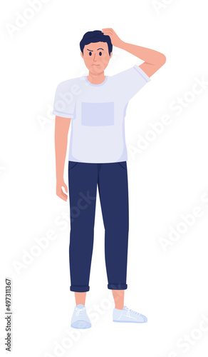 Questioning semi flat color vector character. Standing figure. Full body person on white. Pensive and doubtful man simple cartoon style illustration for web graphic design and animation