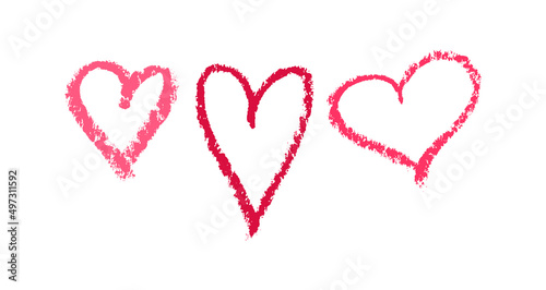 Red and Pink Hearts Painted with Lipstick and Pencil. A Hand Drawn Fashion style. Sketch. A Symbol of Romantic Love. White background. Illustration for Valentine Day. Vector.