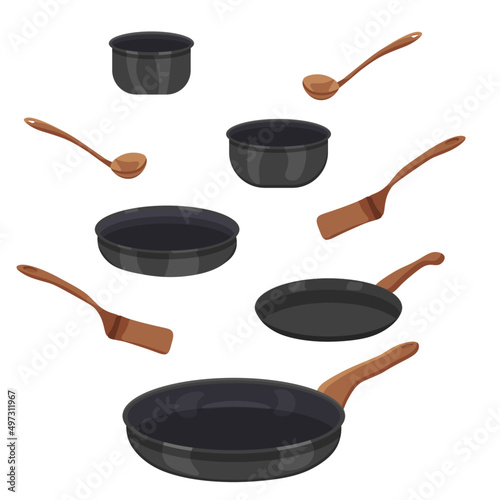 Vector set frying pan. Different frying pans for cooking. Different pots.