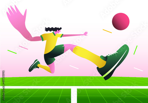distorted wide angle view of a football player character in motion kicking a ball, trendy flat style vector illustration.  World cup concept. Landing page main block layout.
