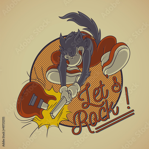 Cartoon emblem of wolf smashing an electric guitar with retro style