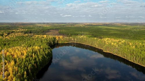 Aerial view of the beautiful autumn landscape in sunny day. Forest and calm tranquil lake. White clouds mirroring on water surface.	