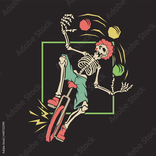 Retro illustration of skeleton doing jugging on clown bike