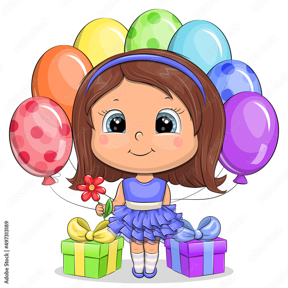 Cute cartoon girl with balloons and gifts. Birthday vector illustration on  white background. Stock Vector | Adobe Stock