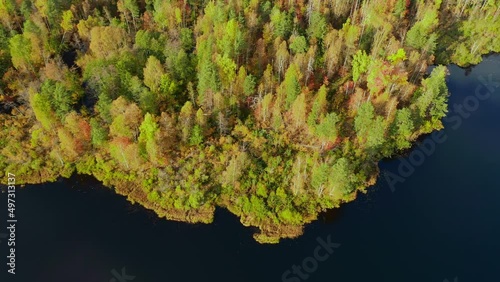 Aerial view of the beautiful autumn landscape in sunny day. Forest and calm tranquil lake. White clouds mirroring on water surface.	