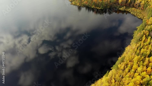Aerial view of the beautiful autumn landscape in sunny day. Forest and calm tranquil lake. White clouds mirroring on water surface.	