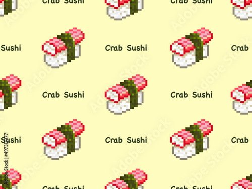 Crab sushi cartoon character seamless pattern on yellow background.Pixel style