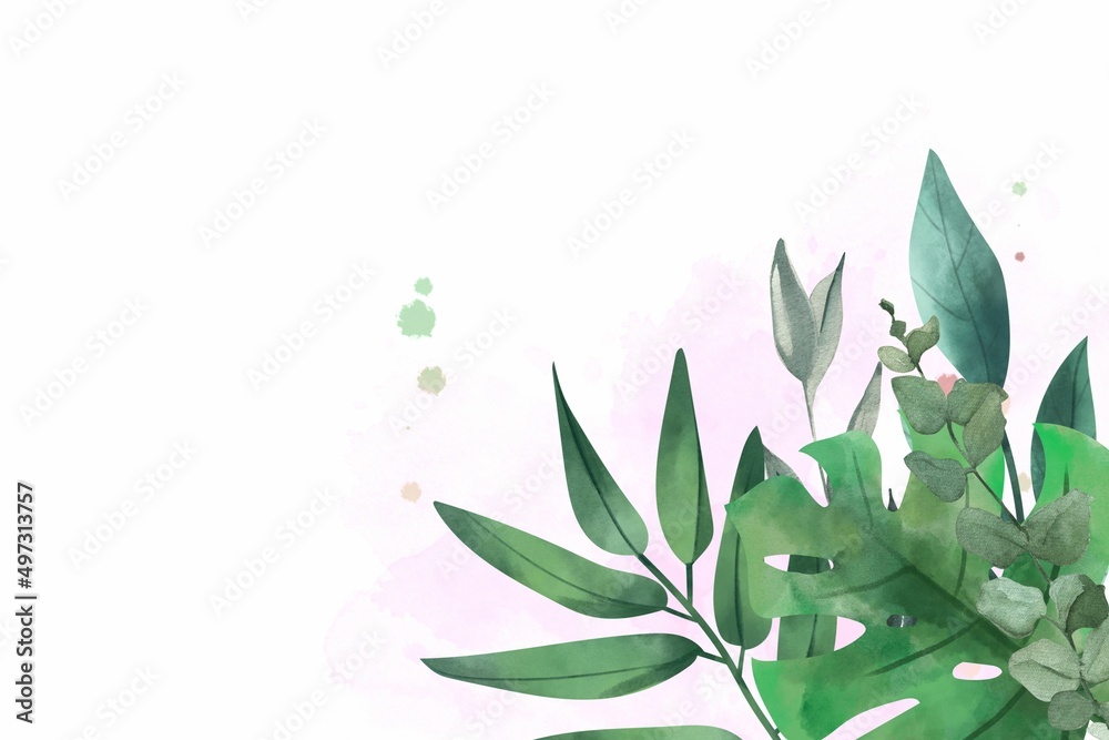 Watercolor green leaves foliage with pink background photo