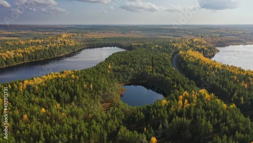 Aerial view of the beautiful autumn landscape in sunny day. Forest and calm tranquil lake. White clouds mirroring on water surface.	
