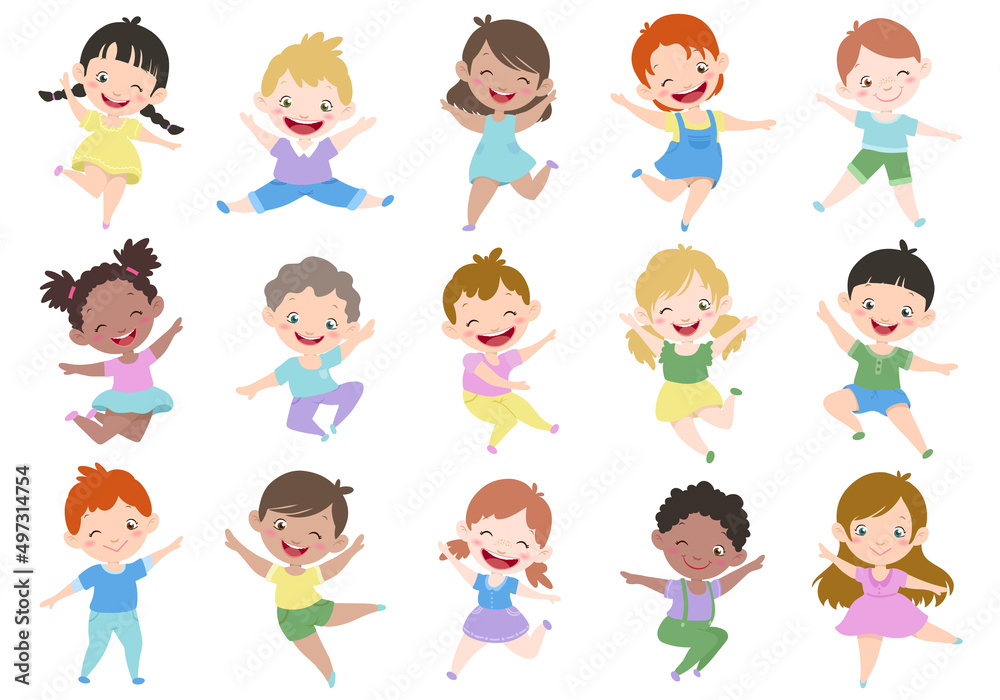 Children vector illustration set for different avatars of boys and girls in a world on a white background. Different skin tones, hair colors and styles.