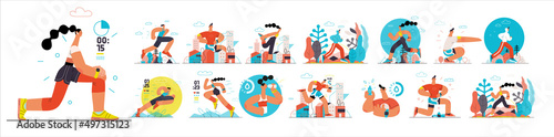 Runners set. Flat vector concept illustrations of male and female athletes running in the park, forest, stadium track or street landscape. Healthy activity and lifestyle. Sprint, jogging, warming up.