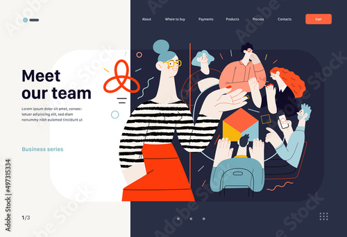 Technology Memphis - Meet our team - modern flat vector concept digital illustration team metaphor, company presentation. Business workflow and team management Creative landing web page template
