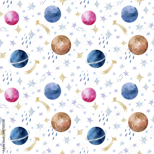 Seamless space pattern with stars, comets, planets and meteors drawn by hand in watercolor. Blue and gold stars, planets, magic and the universe decorative vintage ornament on a white background.