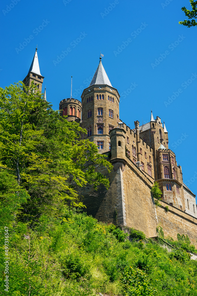 Hohenzollern Castle on mountain top, Germany. This castle is famous landmark in Stuttgart vicinity.