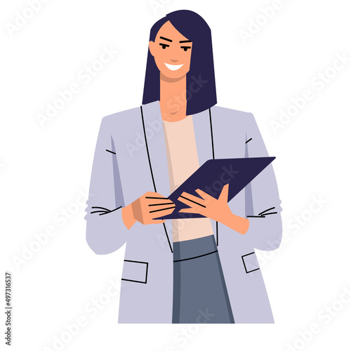 Young woman uses a tablet. Smiling business woman holding device in hand, uses yoga to control work, lecturing. Flat vector isolated on white.