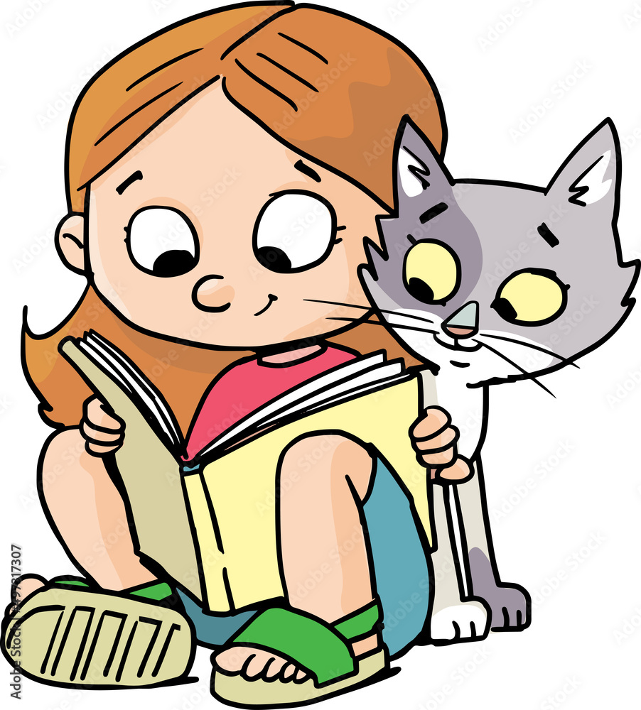 girl reads a picture book and a cat peeks into it girl reads a picture book and a cat peeks into it