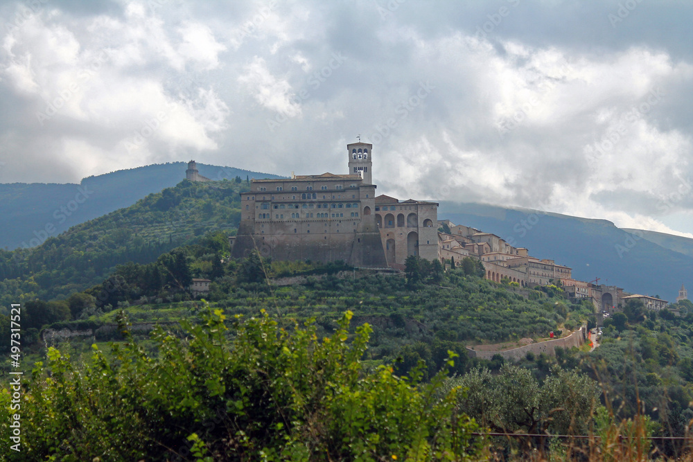 A panorama of the mount Subasio with Assisi Cathedral
