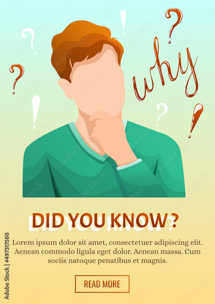 Man is thinking. Text, question and exclamation marks. Thinking concept ...