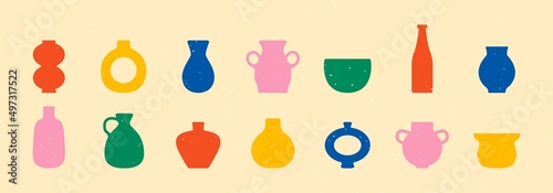 Ancient ceramic pottery set. Abstract retro vases, wine jars, antique amphoras contemporary style. Vector illustration