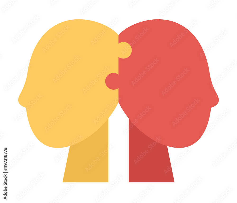 Two puzzle pieces in form of human head solid icon. Mental health. Education, knowledge, psychology, logic symbols. Vector flat illustration

