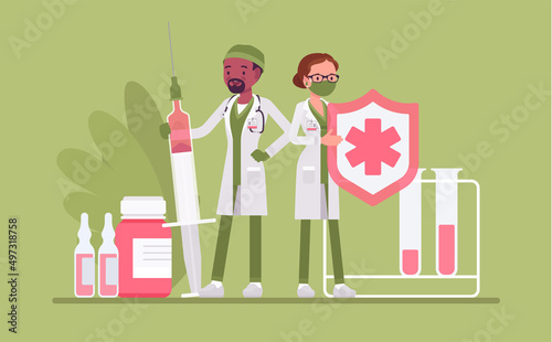 Male and female doctor, vaccine or booster shot, clinic vaccination. Medical team, medicine service care, research, prevention. Vector flat style creative illustration, health and healthcare concept