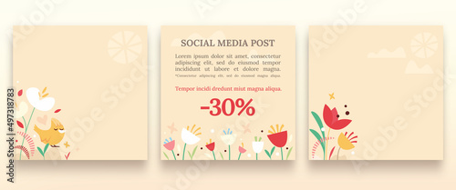 Wallpaper Mural Visuels réseaux sociaux communication annonce promotion bannière information, printemps fleurs jardin oiseau, doux mignon coloré, illustration vecteur, nature écologie biodiversité vert champêtre Torontodigital.ca