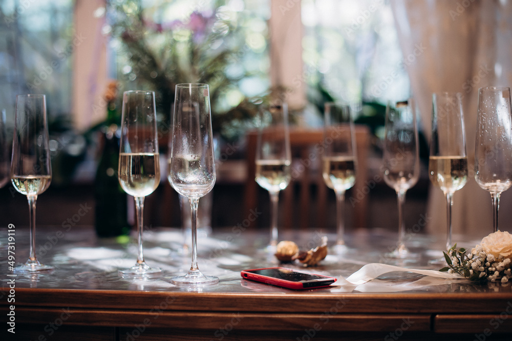 glasses of champagne at a wedding festive buffet glasses of champagne at a wedding festive buffet