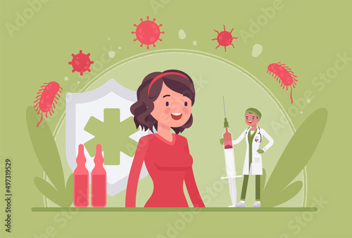 Happy healthy woman, vaccine or booster shot, clinic vaccination. Female patient, medicine service care, research and prevention. Vector flat style creative illustration, health, healthcare concept