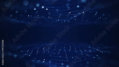 The concept of protecting cybersecurity technology and digital data. A small padlock binary polygon with slow moving connections above and below the center empty space with a dark blue background.